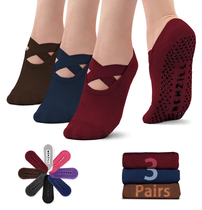 NEWZILL Yoga Socks for Women Non-Slip Grips & Straps, Ideal for Pilates, Pure Barre, Ballet, Dance, Barefoot Workout (3 Pairs-Red/Blue/Brown) - Image 1